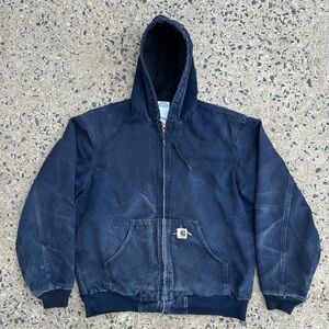 VTG RARE Carhartt J160MDT Blue Thermal Lined Hooded Jacket SZ M Faded Distressed